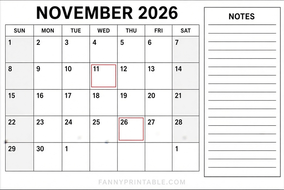 Free November 2026 Printable Calendar (USA)