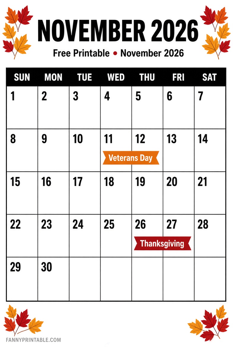 Free November 2026 Printable Calendar USA 4