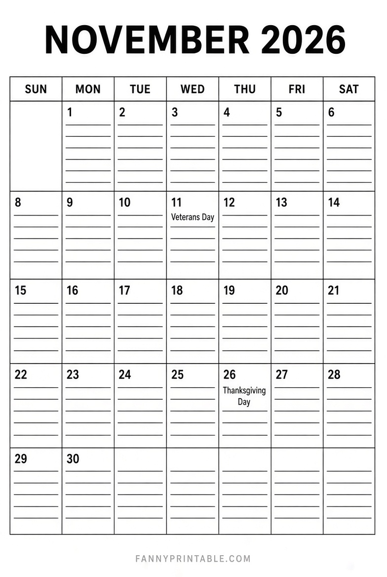 Free November 2026 Printable Calendar with Lines 1 Free November 2026 Printable Calendar with Lines