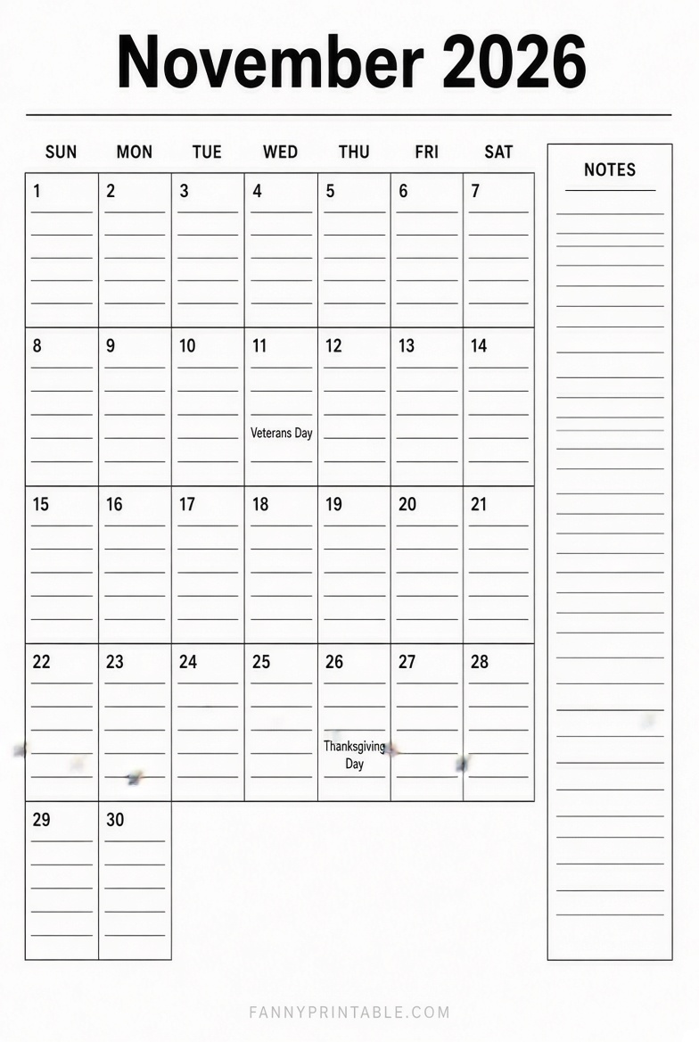 Free November 2026 Printable Calendar with Lines 2 Free November 2026 Printable Calendar with Lines
