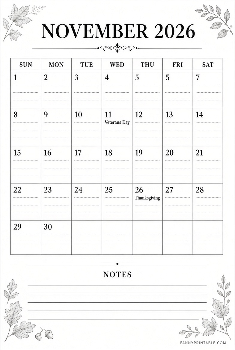 Free November 2026 Printable Calendar with Lines 3 Free November 2026 Printable Calendar with Lines