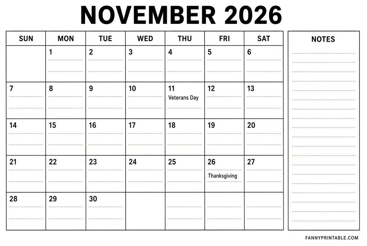 Free November 2026 Printable Calendar with Lines 4 Free November 2026 Printable Calendar with Lines