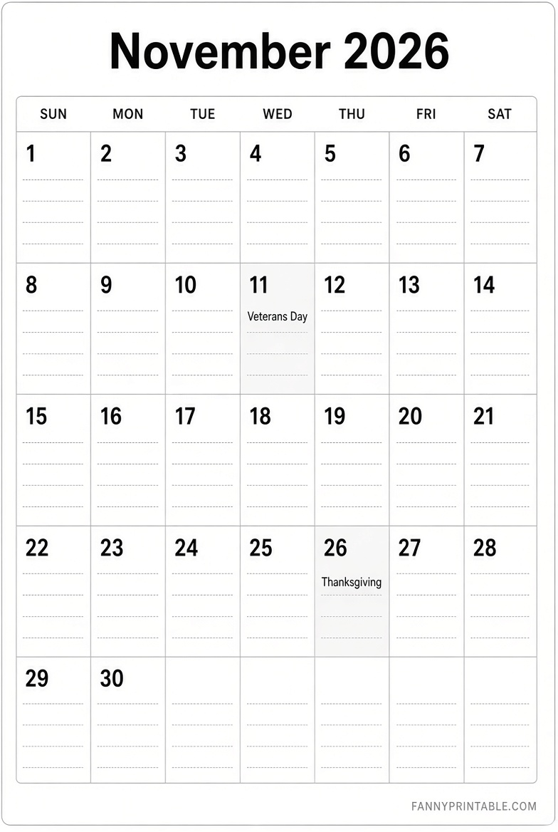 Free November 2026 Printable Monthly Calendar