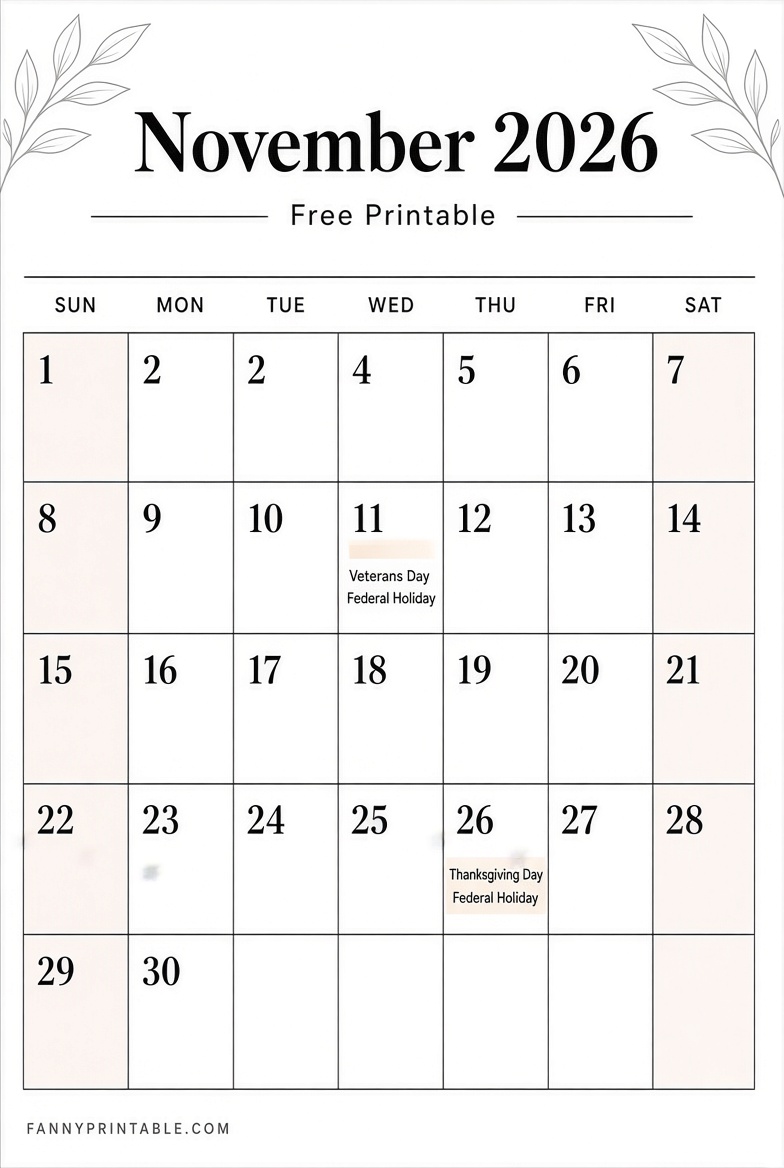 Free November 2026 Printable Monthly Calendar