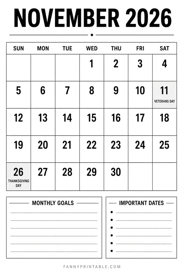 Free November 2026 Printable Monthly Calendar