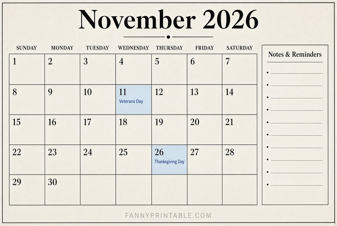 Free November 2026 Printable Monthly Calendar