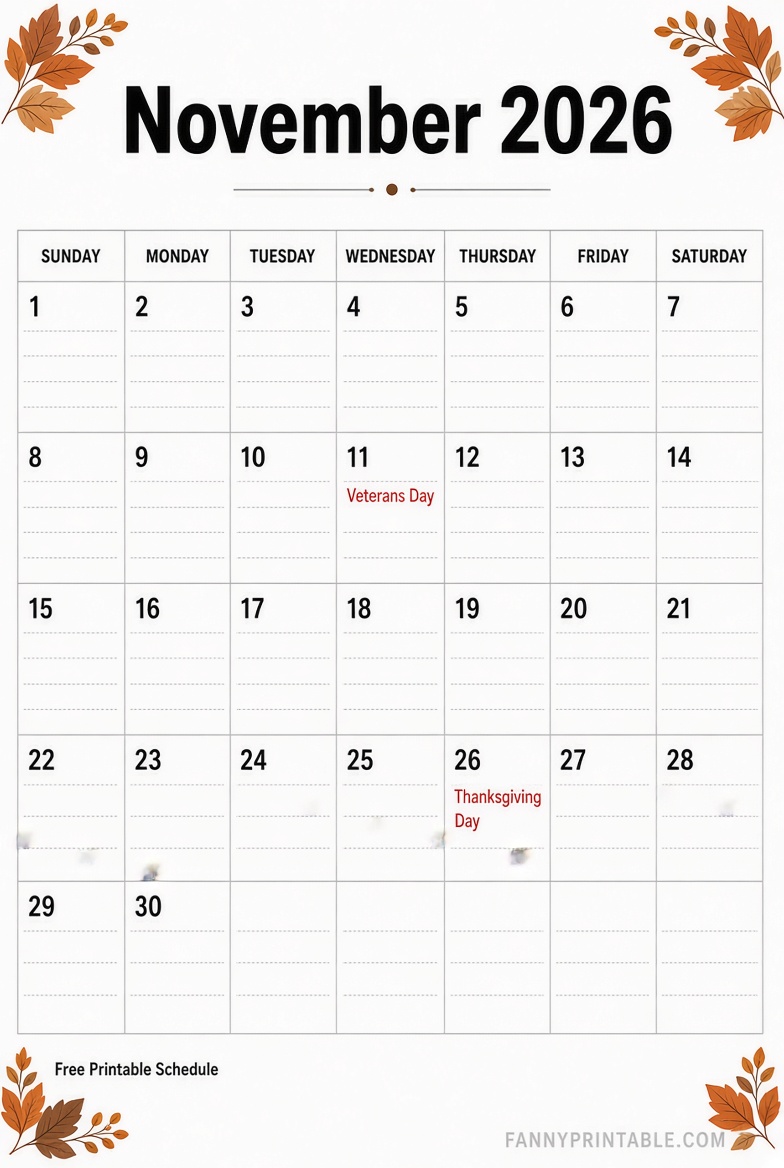 Free November 2026 Printable Schedule Calendar