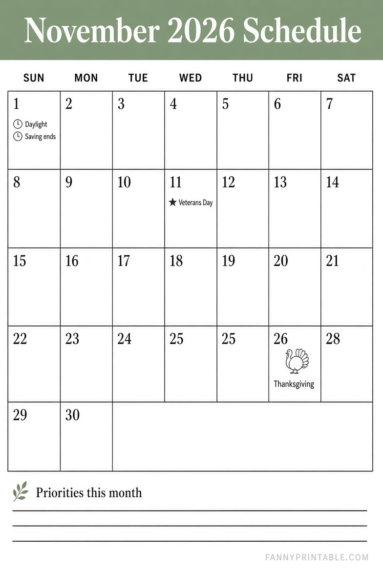 Free November 2026 Printable Schedule Calendar