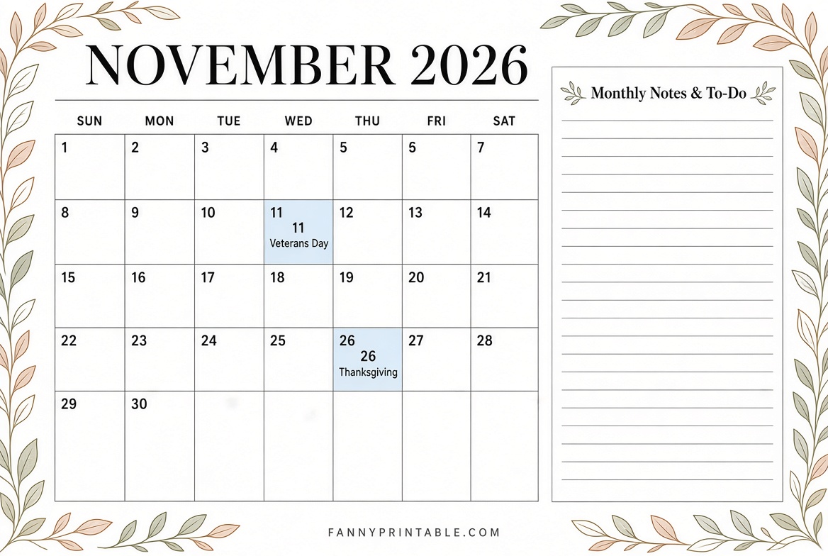 Free November 2026 Printable Schedule Calendar