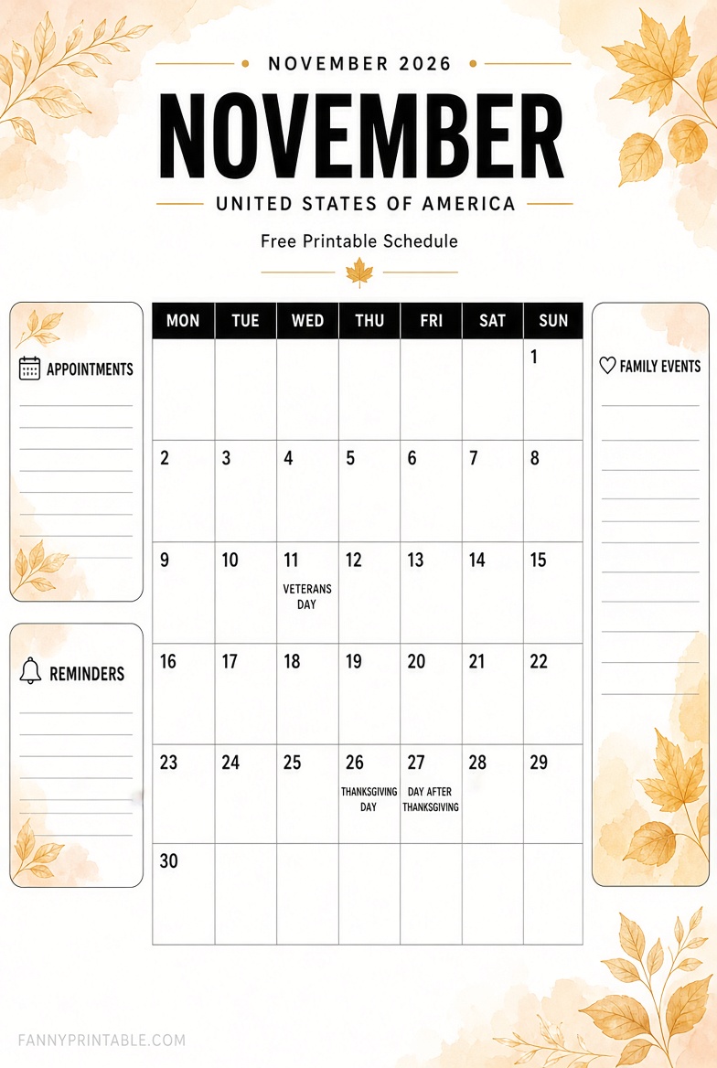 Free November 2026 Printable Schedule Calendar