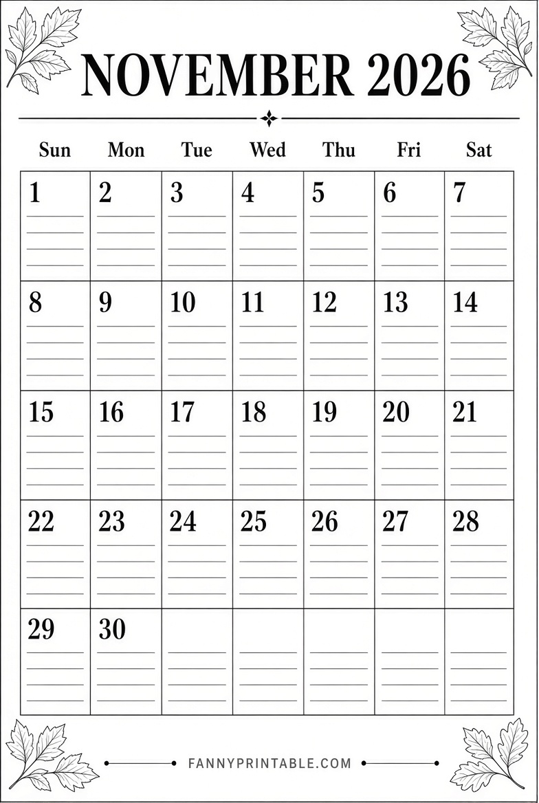 Free November 2026 Vertical Calendar Printable