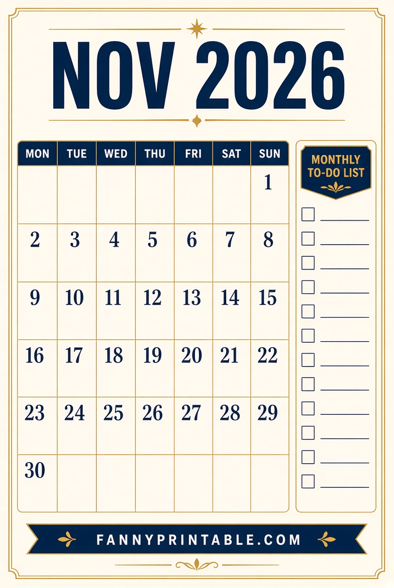 Free November 2026 Vertical Calendar Printable