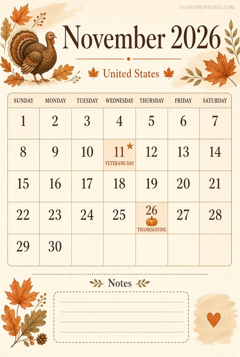 Free November 2026 Vertical Calendar Printable