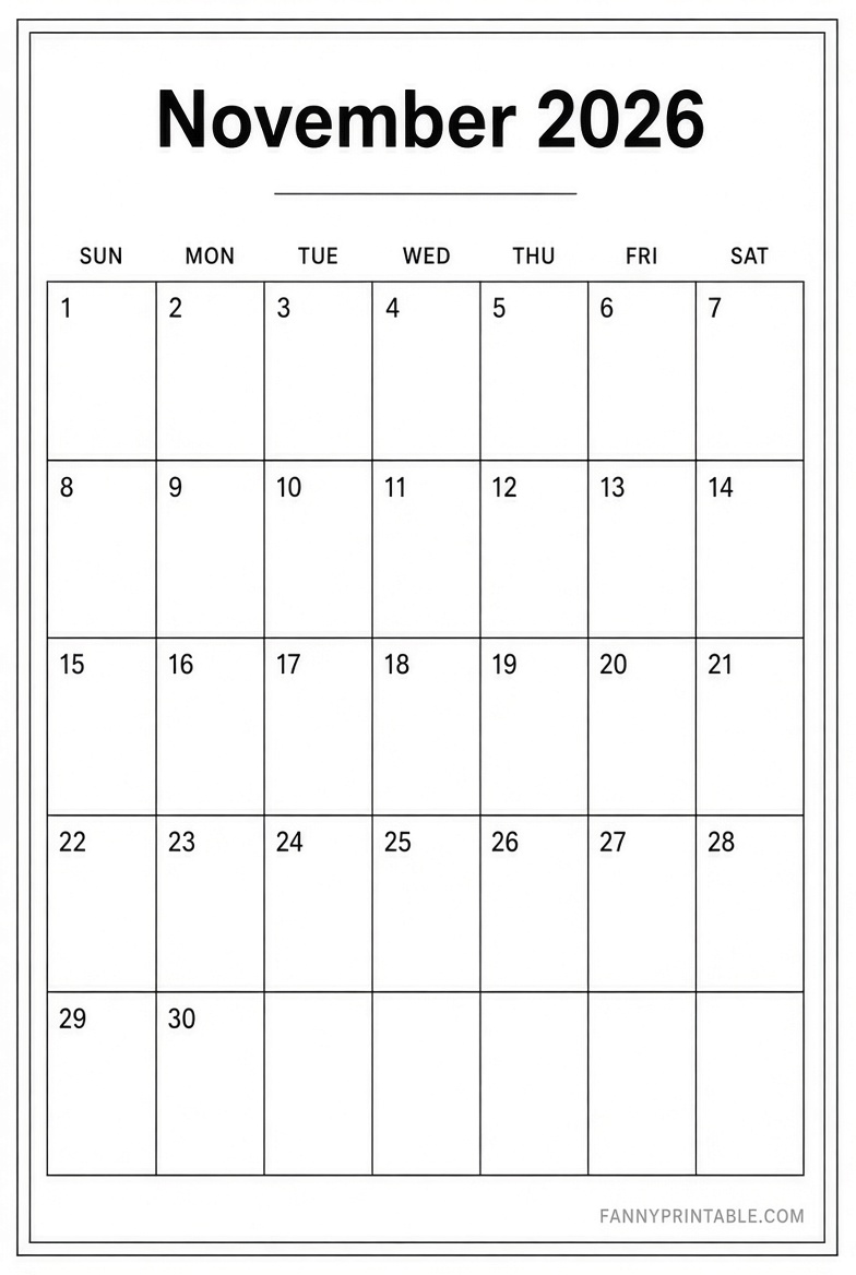 Free November 2026 Vertical Calendar Printable