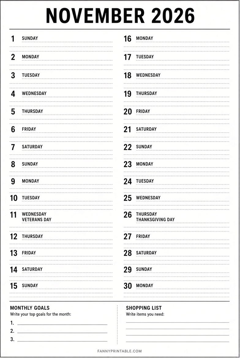 Free November 2026 Vertical Printable Calendar 1 Free November 2026 Vertical Printable Calendar