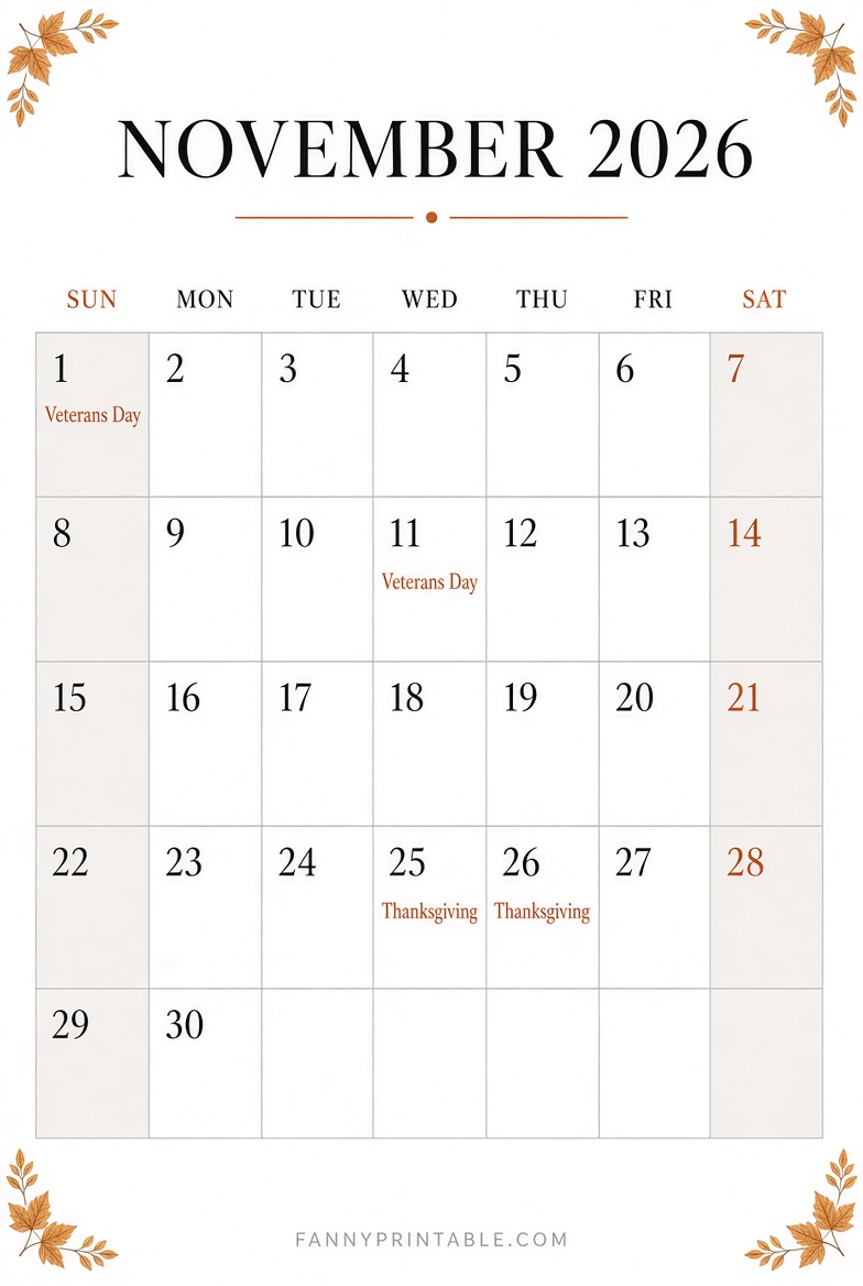 Free November 2026 Vertical Printable Calendar 2 Free November 2026 Vertical Printable Calendar
