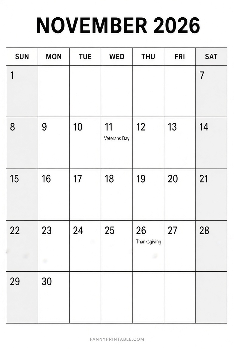 Free November 2026 Vertical Printable Calendar 3 Free November 2026 Vertical Printable Calendar