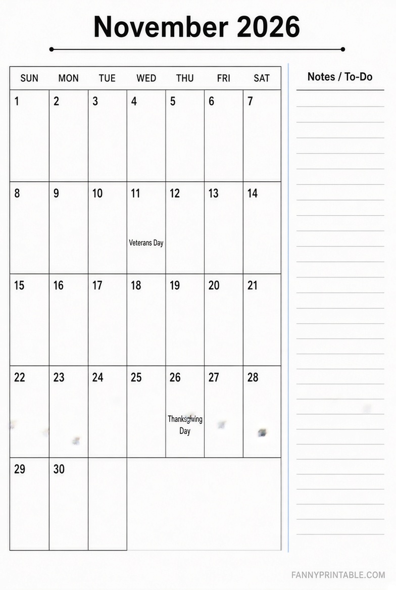 Free November 2026 Vertical Printable Calendar 4 Free November 2026 Vertical Printable Calendar