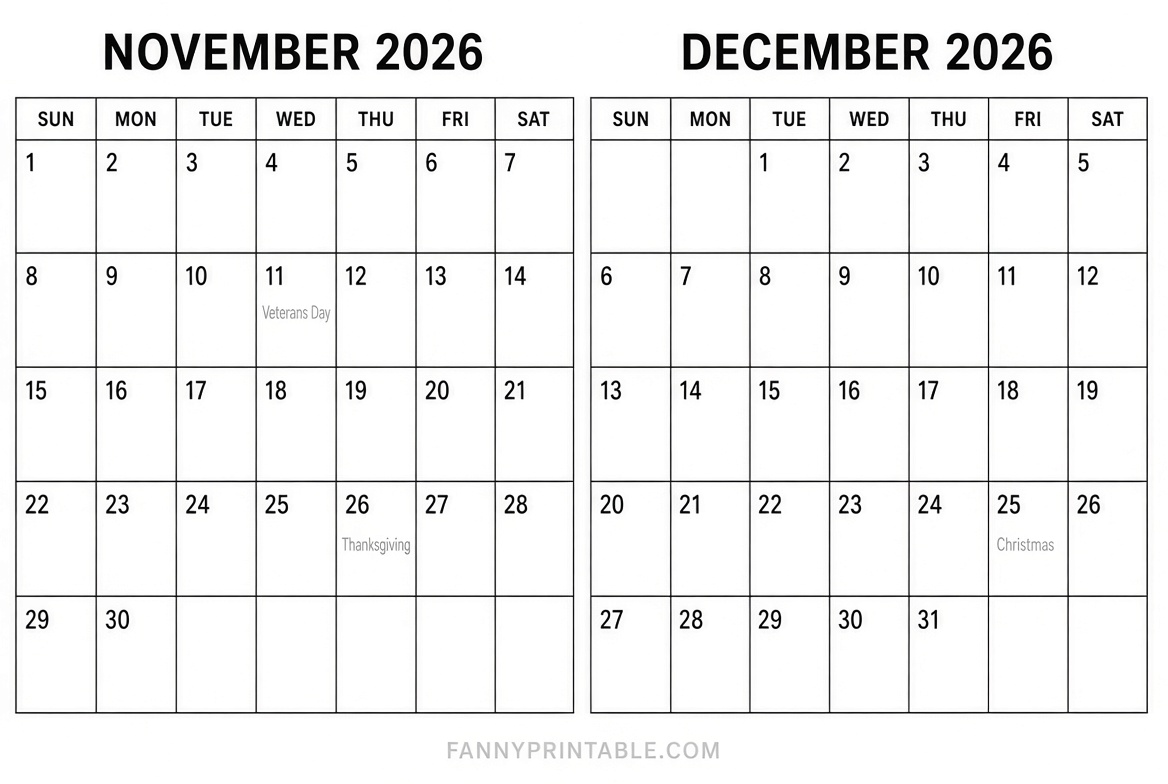 Free November December 2026 Printable Calendar 1 Free November December 2026 Printable Calendar