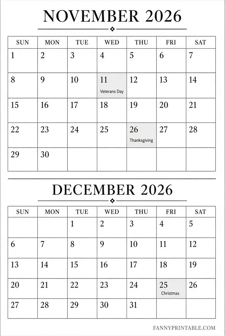 Free November December 2026 Printable Calendar 2 Free November December 2026 Printable Calendar