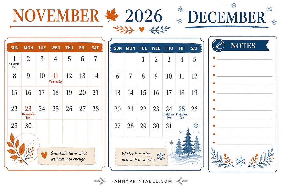 Free November December 2026 Printable Calendar 3 Free November December 2026 Printable Calendar