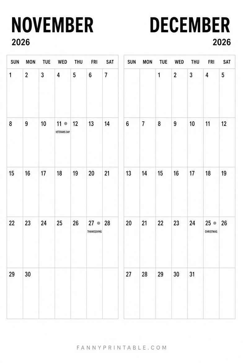 Free November December 2026 Printable Calendar 4 Free November December 2026 Printable Calendar
