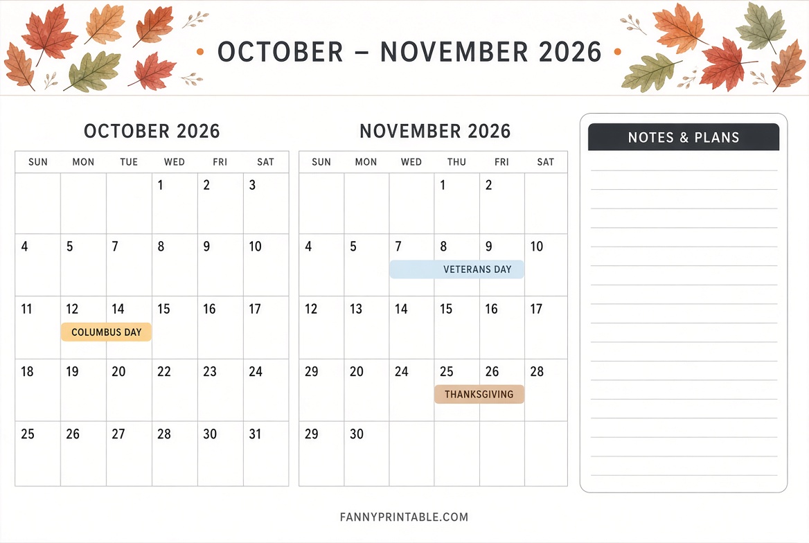 Free Oct & Nov 2026 Printable Calendars (US)