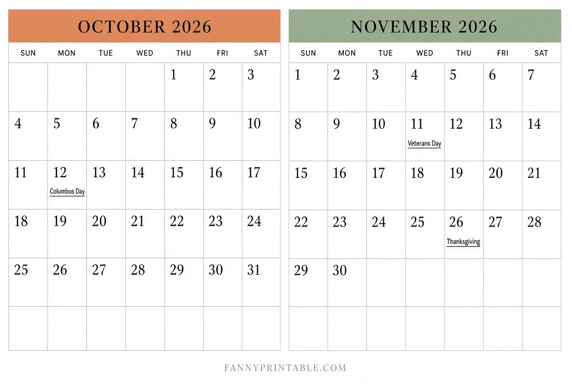 Free Oct & Nov 2026 Printable Calendars (US)