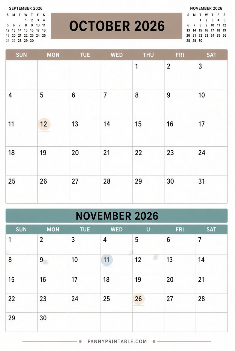Free Oct & Nov 2026 Printable Calendars (US)