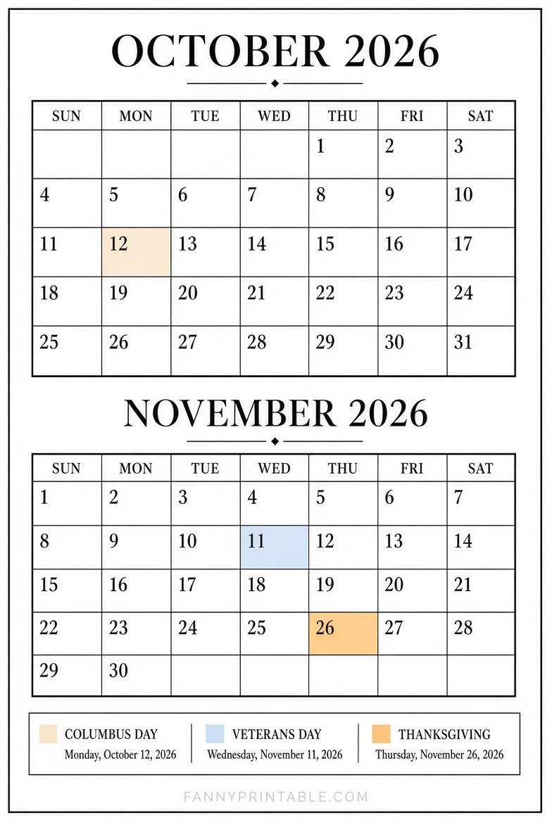Free Oct & Nov 2026 Printable Calendars (US)