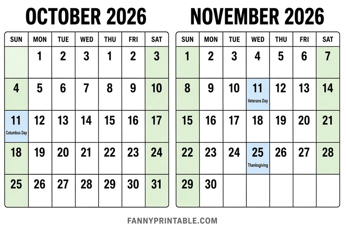 Free October November 2026 Printable Calendar 1 Free October November 2026 Printable Calendar