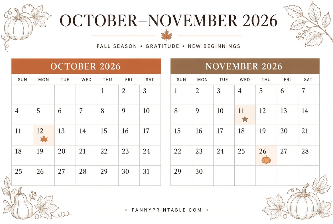 Free October November 2026 Printable Calendar 2 Free October November 2026 Printable Calendar