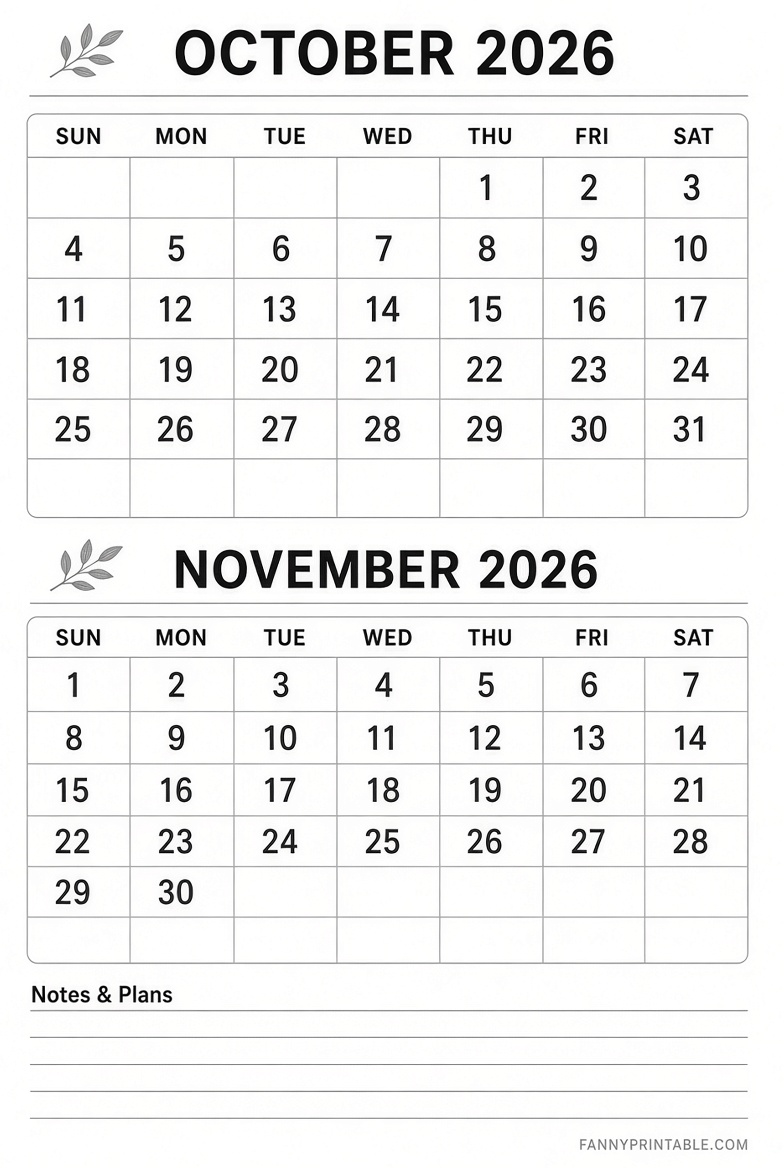 Free October November 2026 Printable Calendar 3 Free October November 2026 Printable Calendar