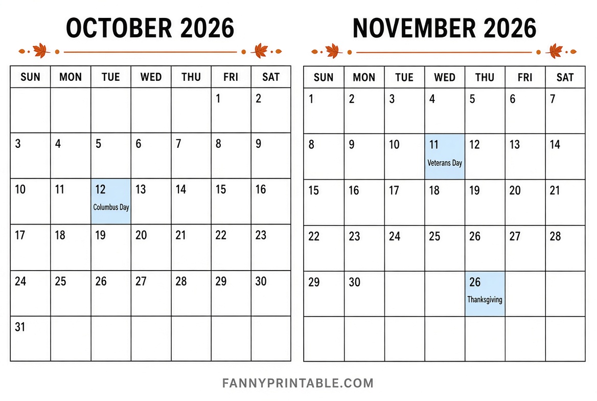 Free October November 2026 Printable Calendar 4 Free October November 2026 Printable Calendar