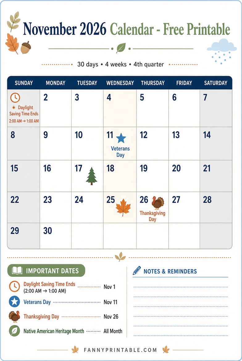Free Printable November 2026 Calendar Guide