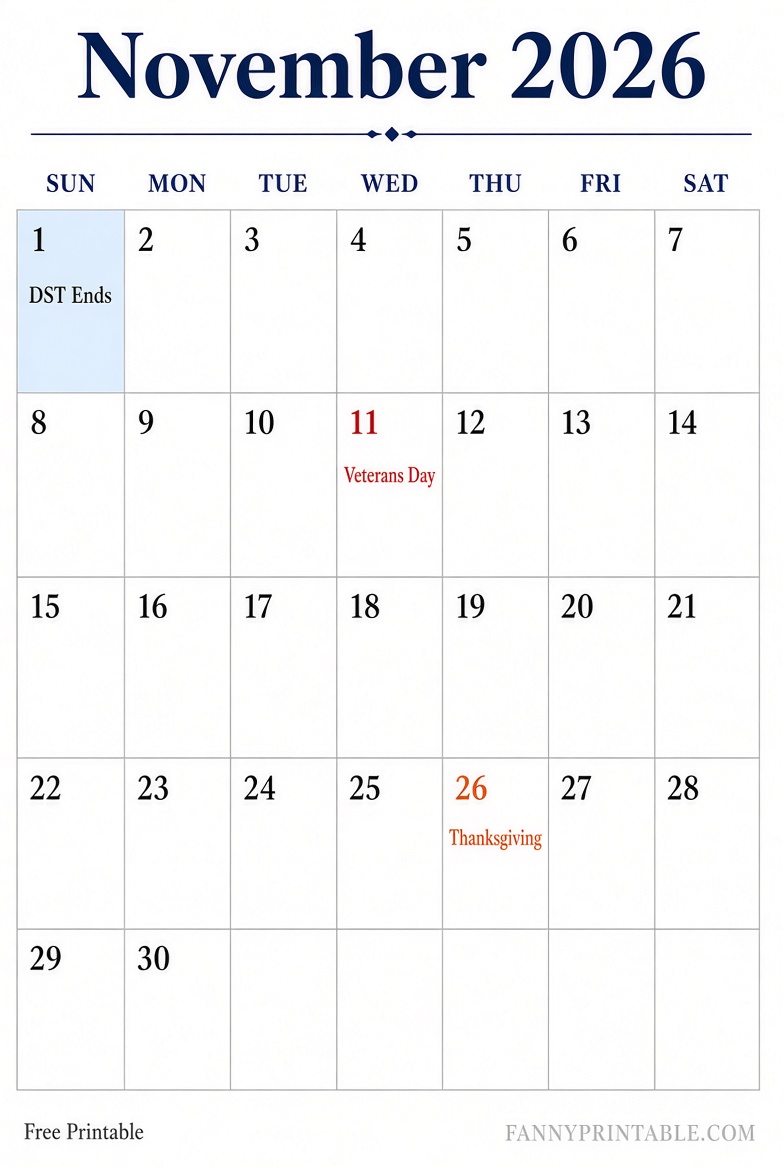 Free Printable November 2026 Calendar Guide