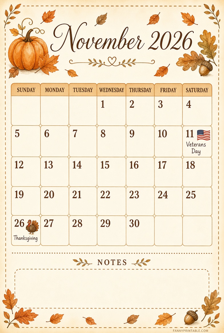 Free Printable November 2026 Calendar Guide
