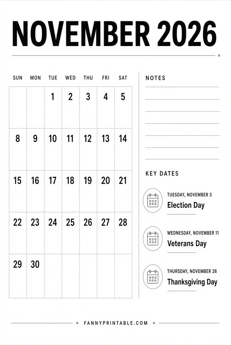 Free Printable November 2026 Calendar Guide