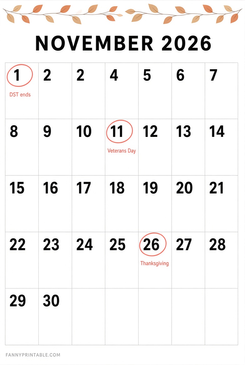 Free November 2026 Printable Calendar PDF