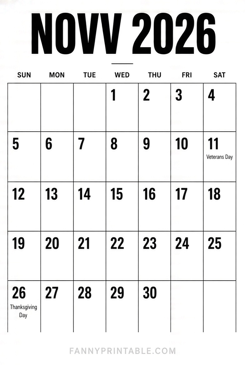 Free November 2026 Calendar Printable PDF