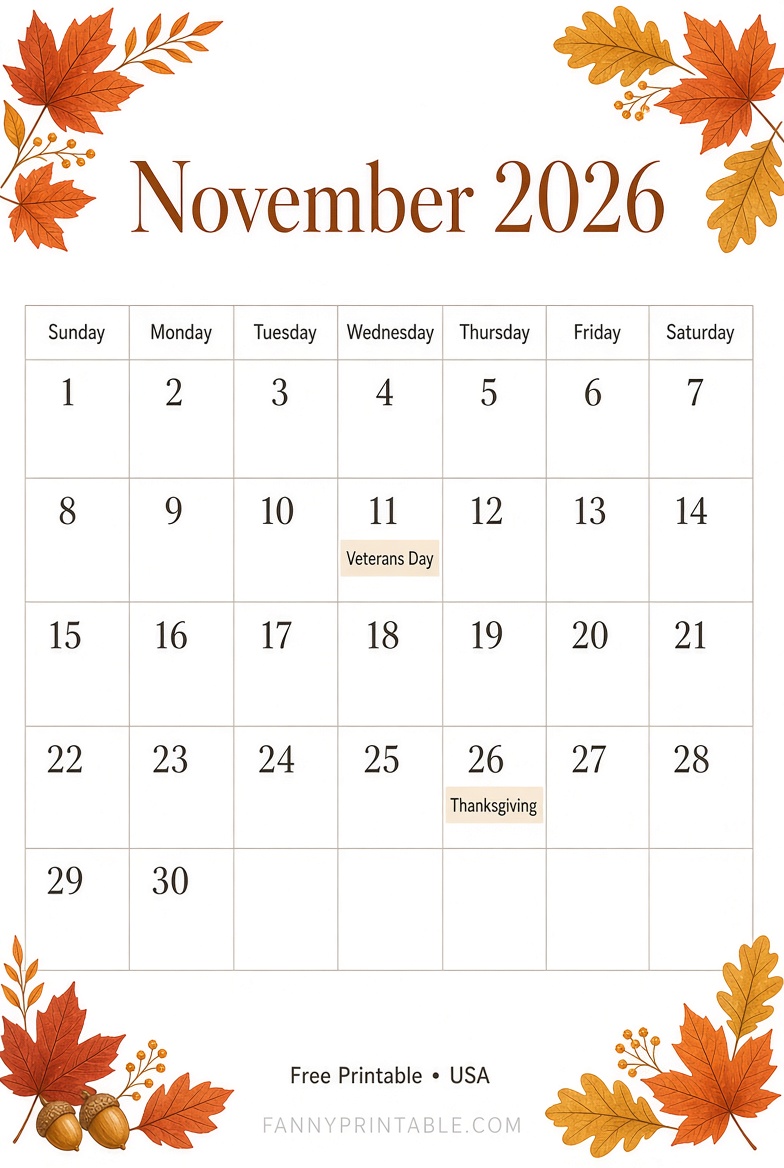 Free November 2026 Printable Calendar PDF