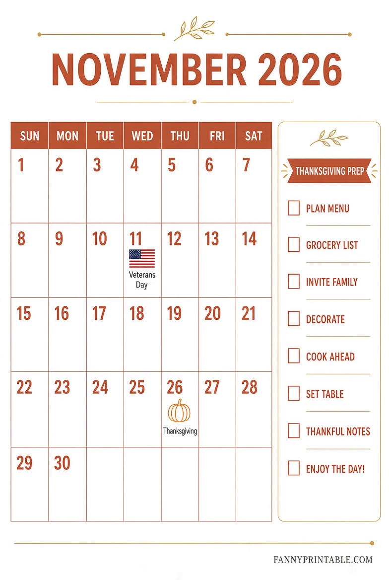 Free November 2026 Printable Calendar PDF