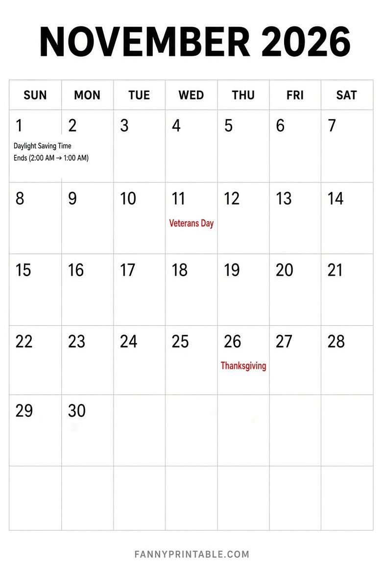 Free November 2026 Calendar Printable PDF