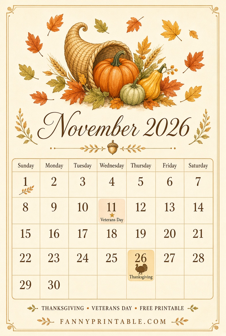 Free November 2026 Printable Calendar PDF