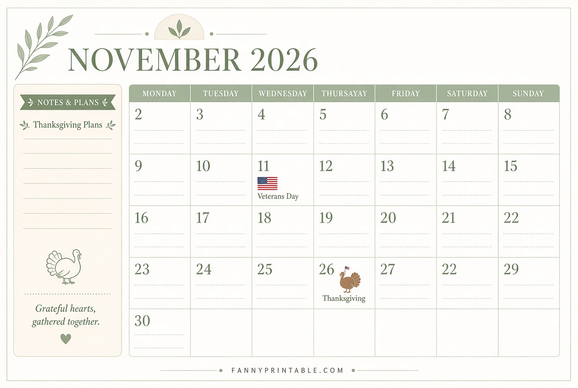 Free November 2026 Printable Calendar PDF