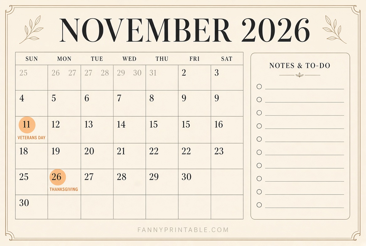 Free November 2026 Calendar Printable PDF