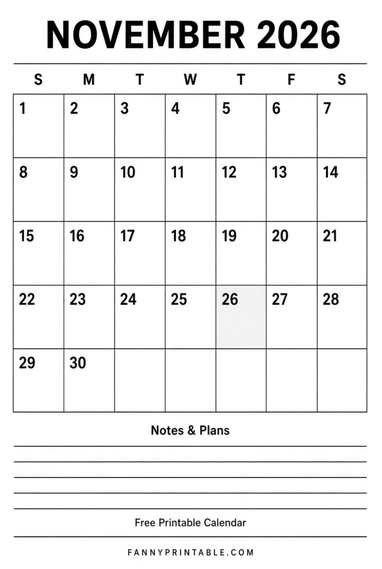 Free November 2026 Printable Calendar PDF