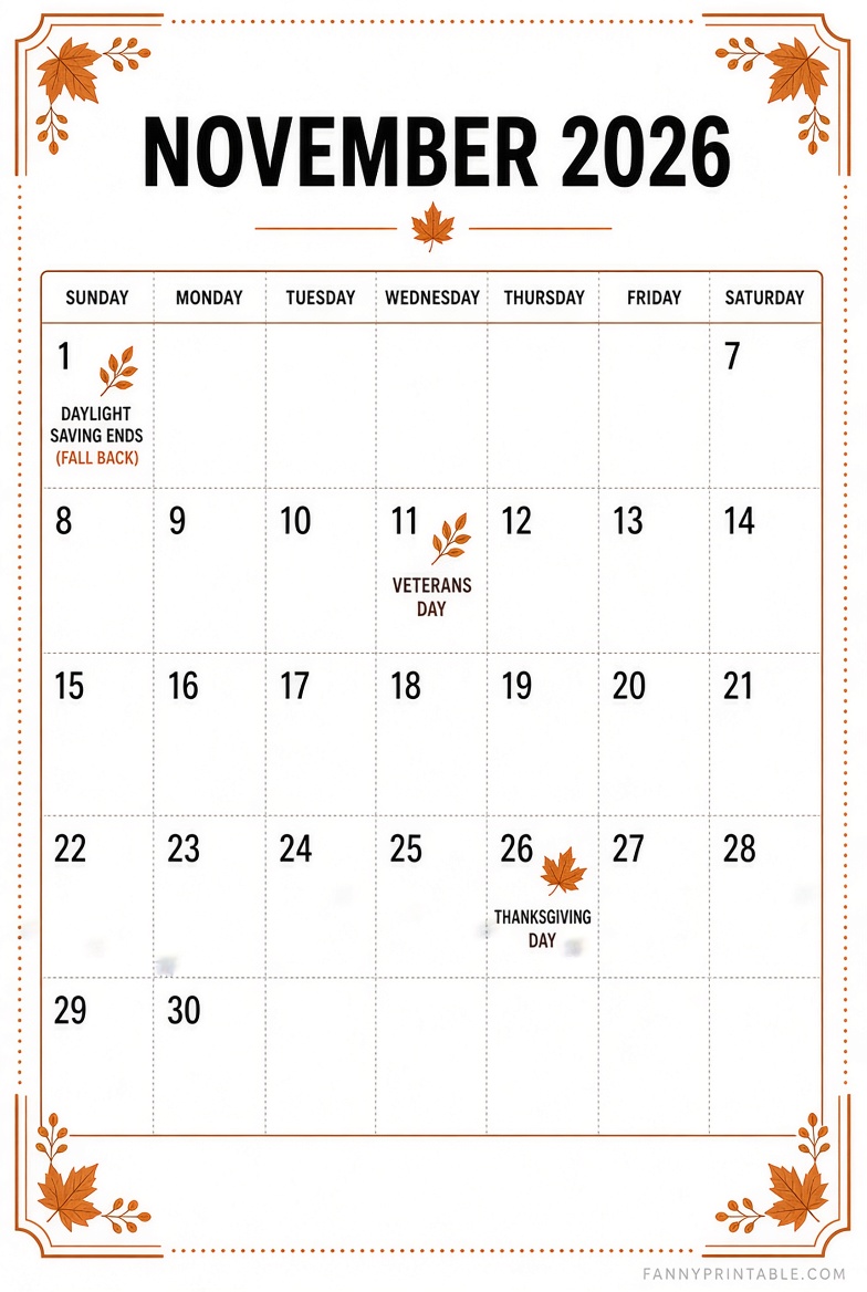 Free November 2026 Printable Calendar PDF