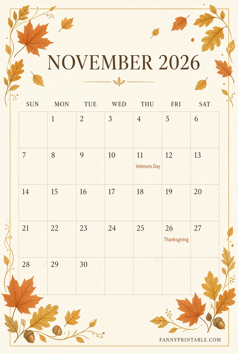 Free November 2026 Calendar Printable PDF