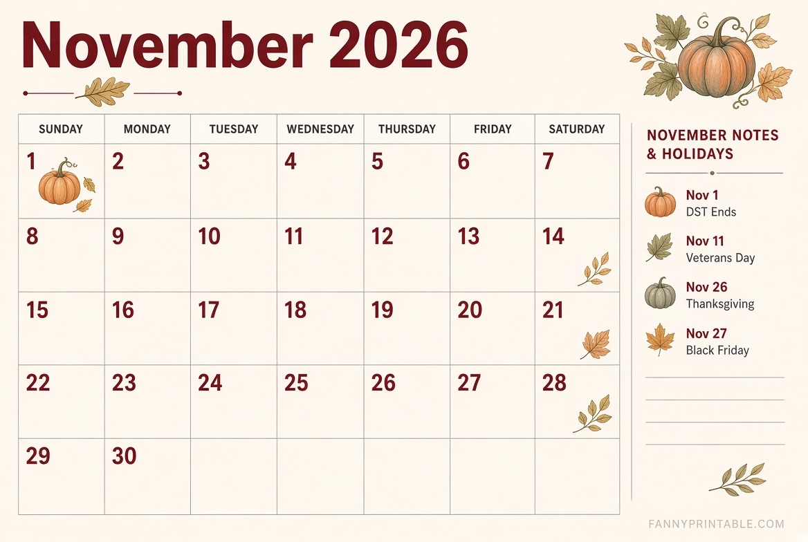 Free November 2026 Printable Calendar PDF
